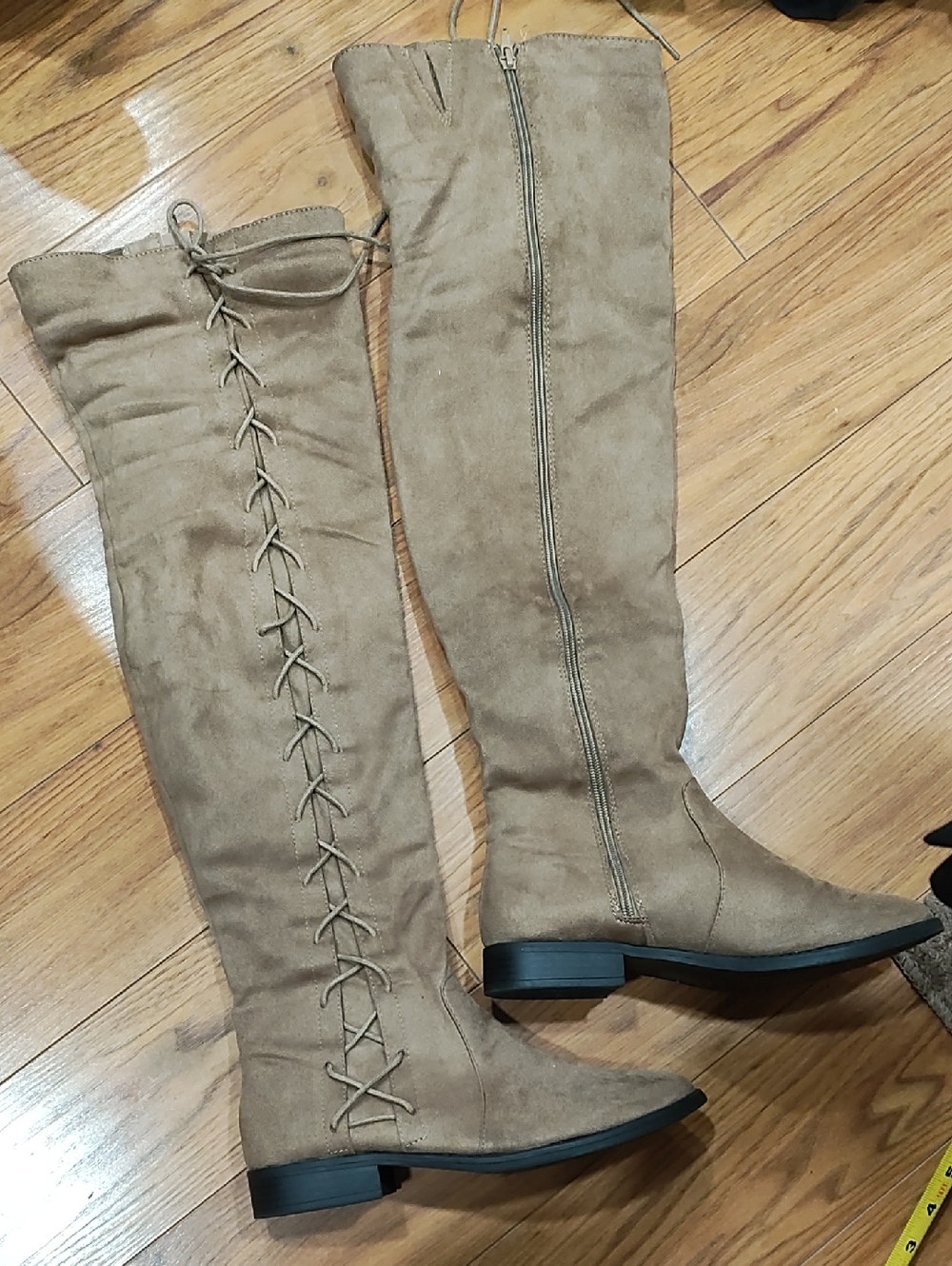 Bella Marie Suede-Look Over-the-Knee Lace-Up Boots - Tan